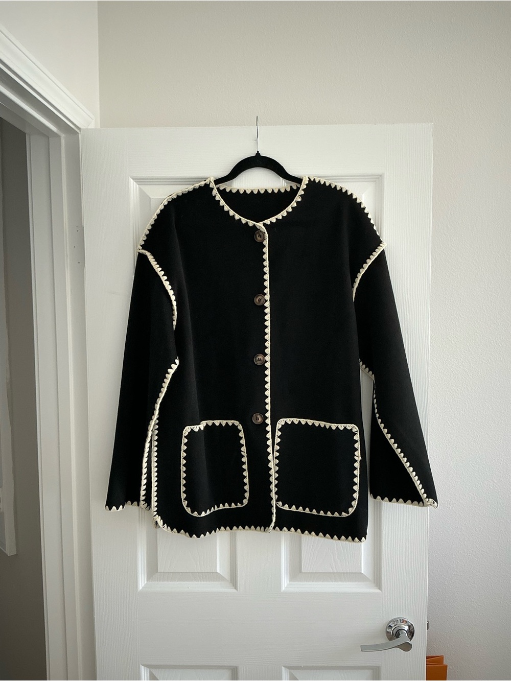 Black Sweater Jacket with Cream Scallop Trim